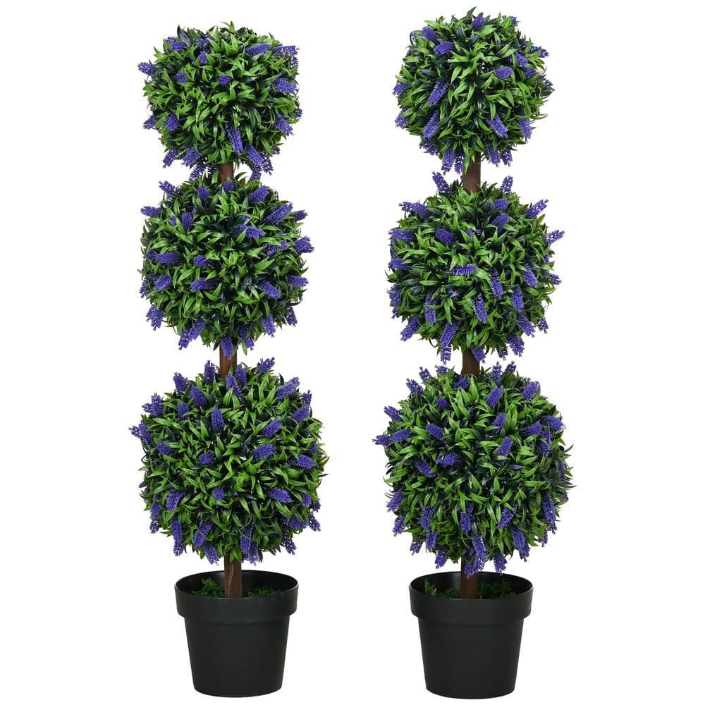 image-HOMCOM Set of 2 Potted Artificial Plants Ball Tree with Lavender Flowers, 110cm