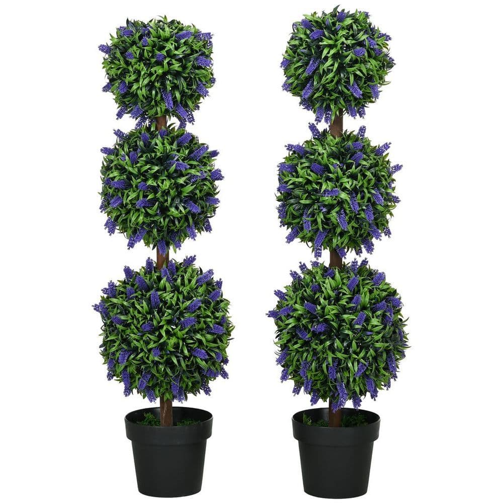 image-HOMCOM Set of 2 Potted Artificial Plants Ball Tree with Lavender Flowers, 110cm