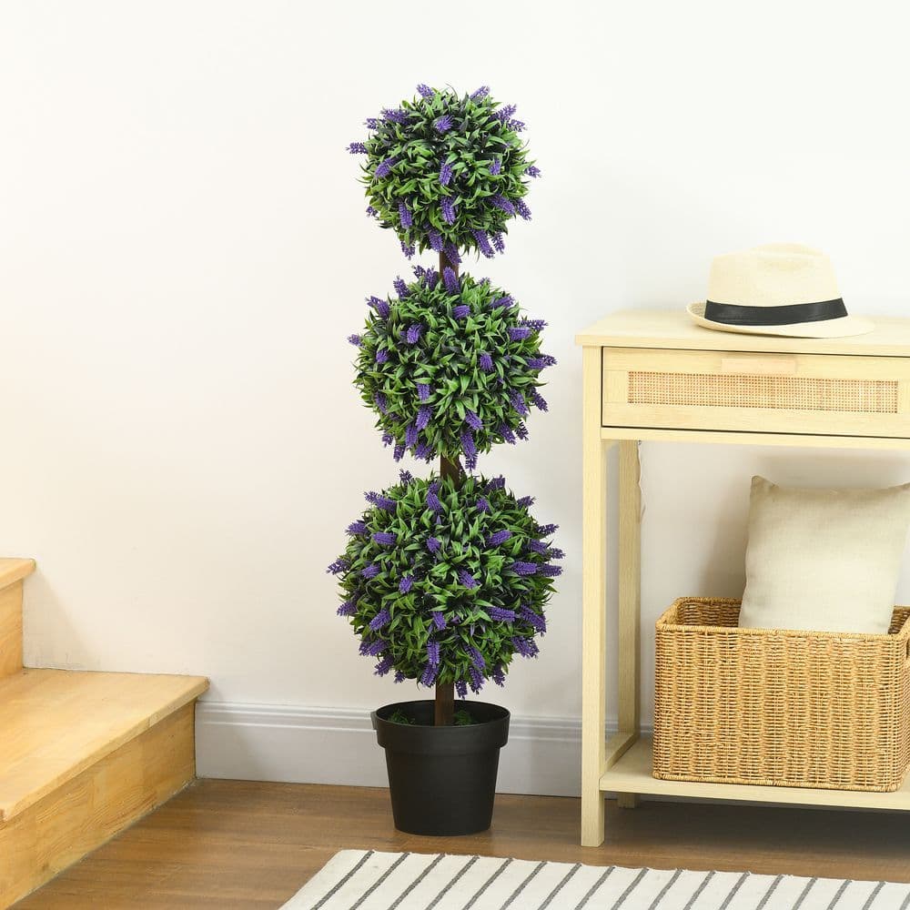 image-HOMCOM Set of 2 Potted Artificial Plants Ball Tree with Lavender Flowers, 110cm