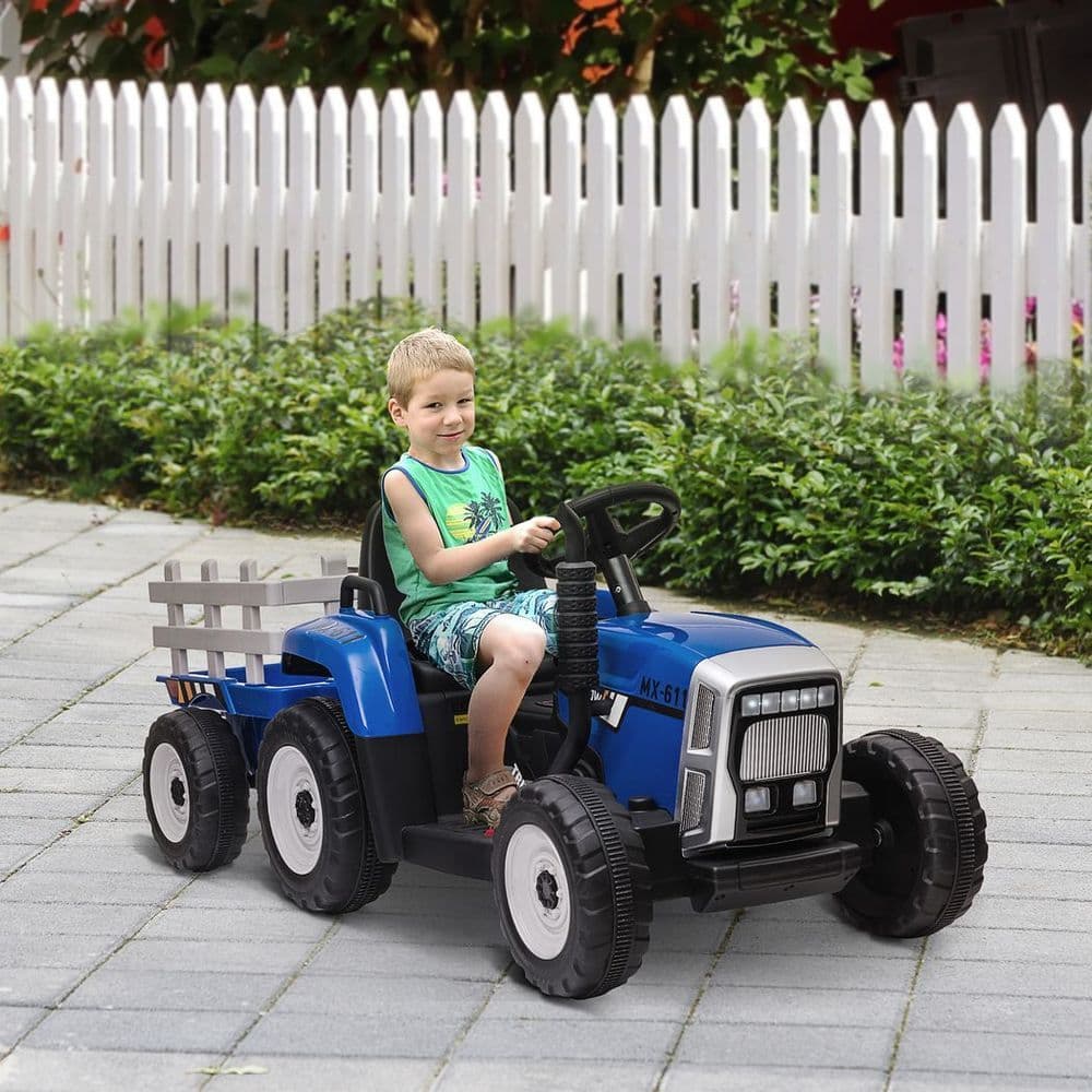 image-HOMCOM Ride on Tractor with Detachable Trailer, Remote Control, Music - Blue