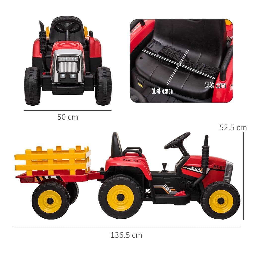 image-HOMCOM Ride on Tractor with Detachable Trailer, Remote Control, Music - Red