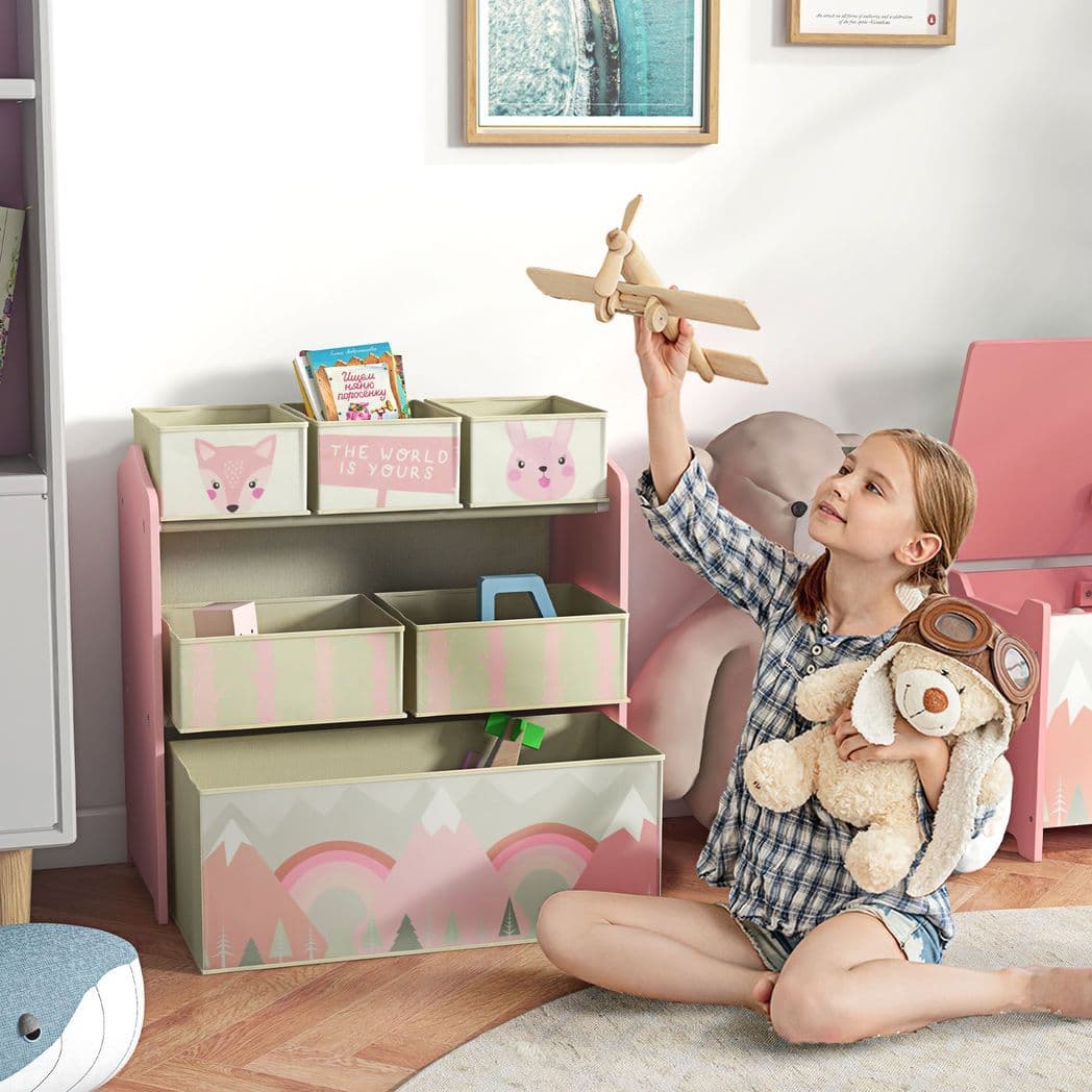 image-ZONEKIZ Kids Storage Units with 6 Boxes, Childrens Toy Storage Organiser, Pink