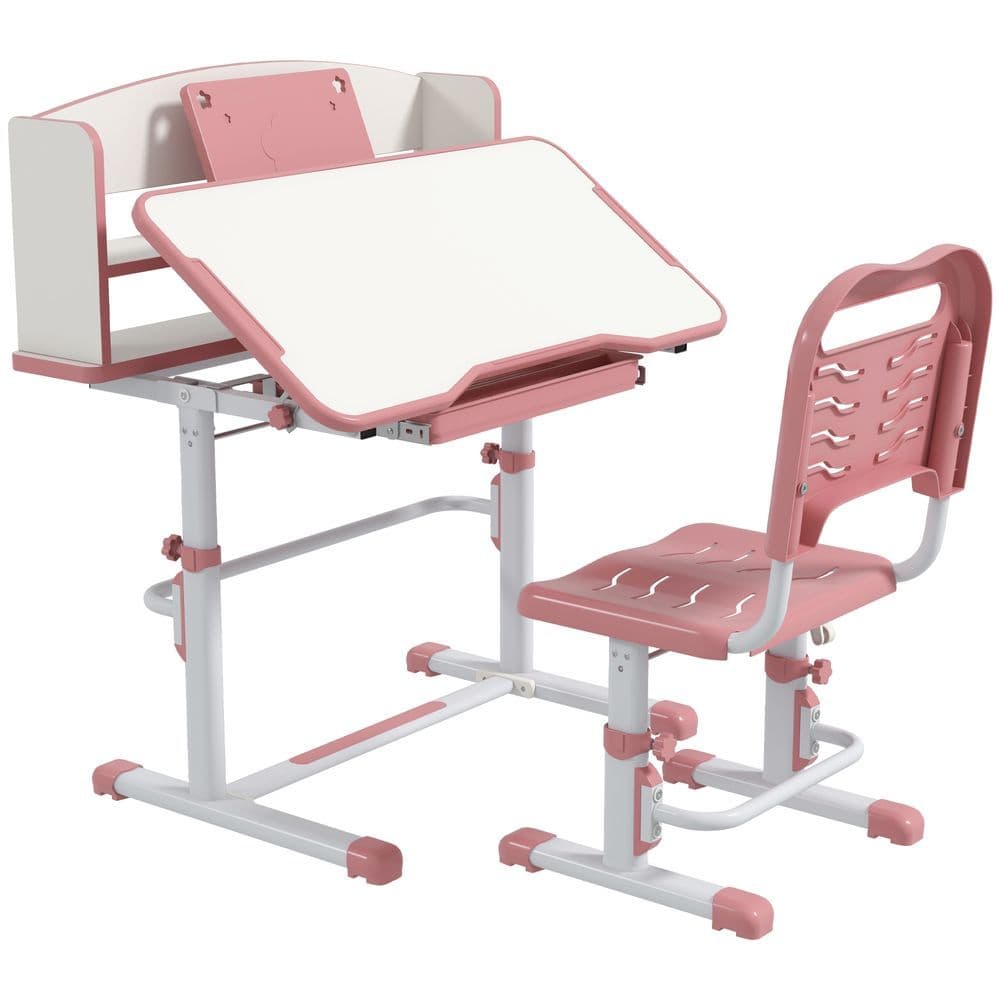 image-ZONEKIZ Height Adjustable Kids Desk and Chair Set, with Drawer, Bookshelf, Pink