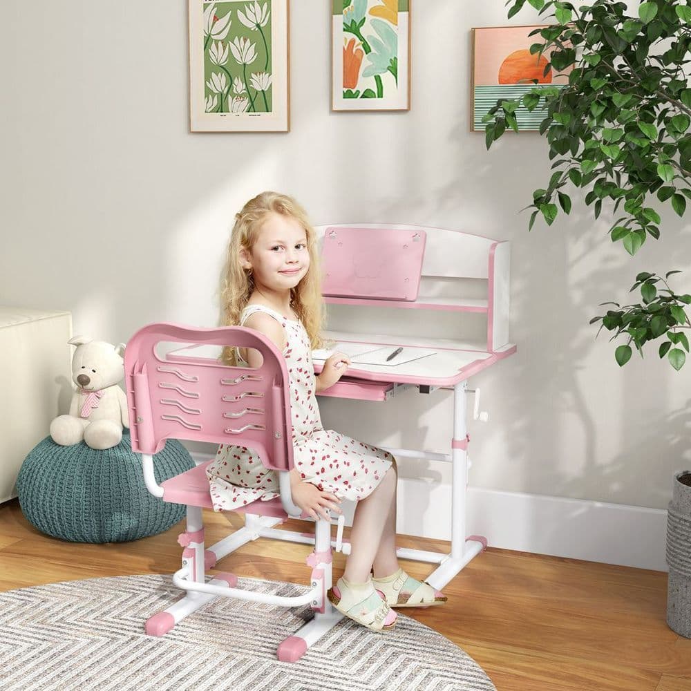 image-ZONEKIZ Height Adjustable Kids Desk and Chair Set, with Drawer, Bookshelf, Pink