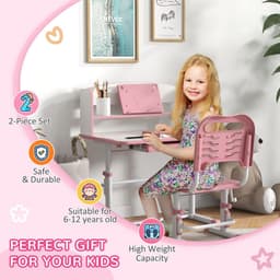 image-ZONEKIZ Height Adjustable Kids Desk and Chair Set, with Drawer, Bookshelf, Pink