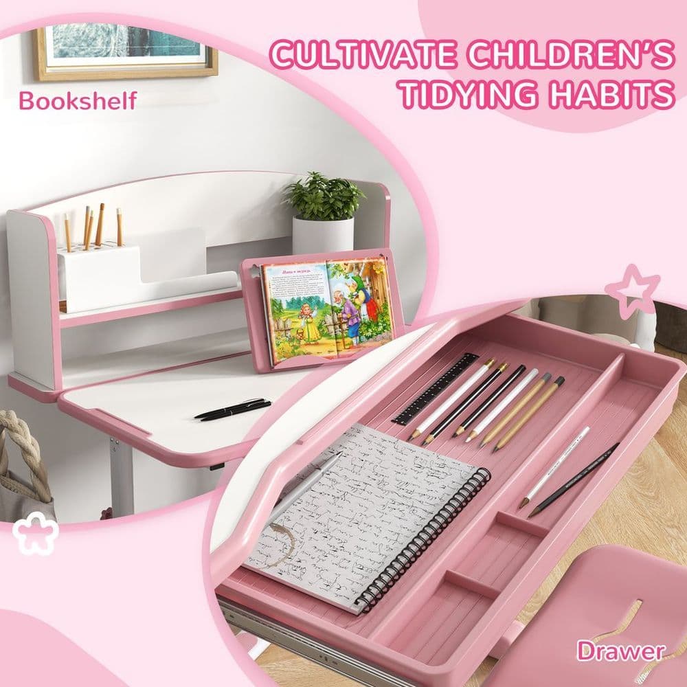 image-ZONEKIZ Height Adjustable Kids Desk and Chair Set, with Drawer, Bookshelf, Pink