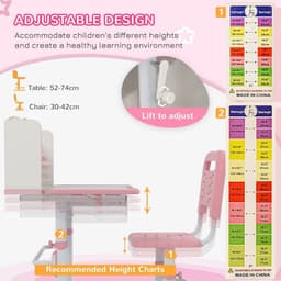 image-ZONEKIZ Height Adjustable Kids Desk and Chair Set, with Drawer, Bookshelf, Pink