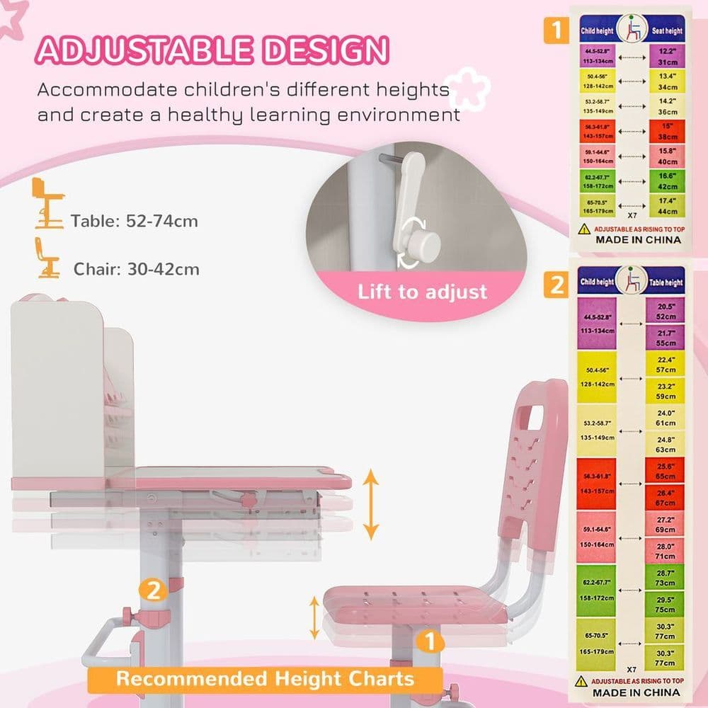 image-ZONEKIZ Height Adjustable Kids Desk and Chair Set, with Drawer, Bookshelf, Pink