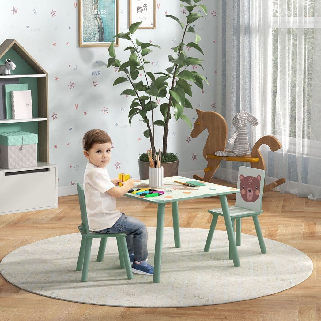 image-ZONEKIZ Kids Table and Chairs, Children Desk with 2 Chairs, Green