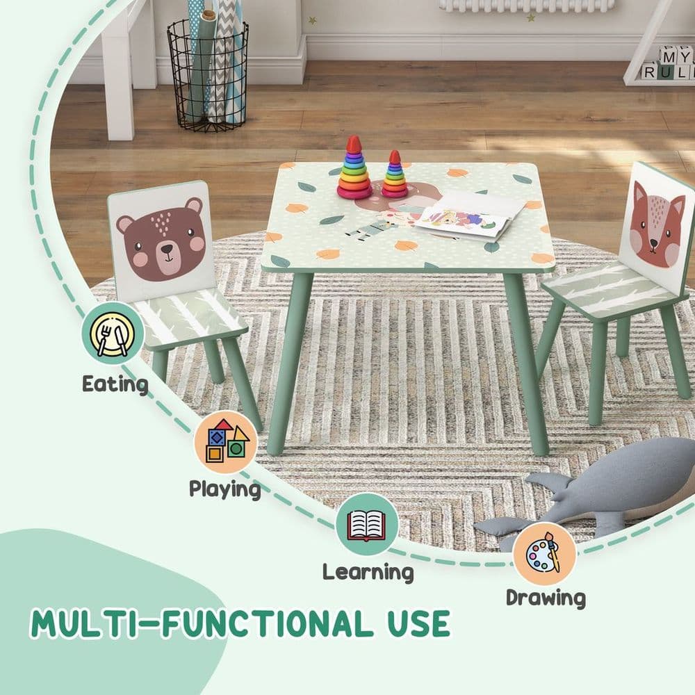 image-ZONEKIZ Kids Table and Chairs, Children Desk with 2 Chairs, Green
