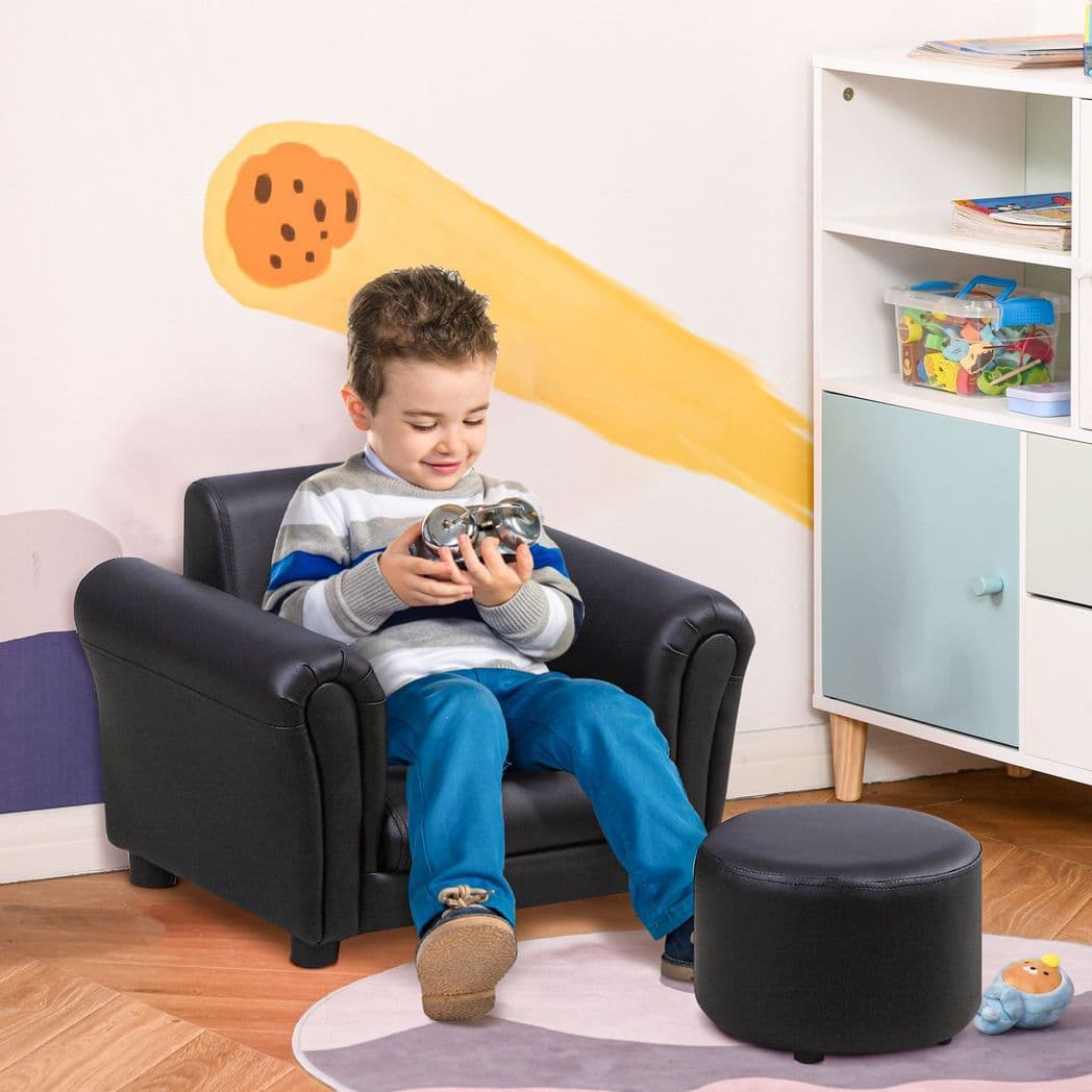 image-HOMCOM Kids Sofa Chair Set Armchair Seating Seat Bedroom Playroom Stool Black