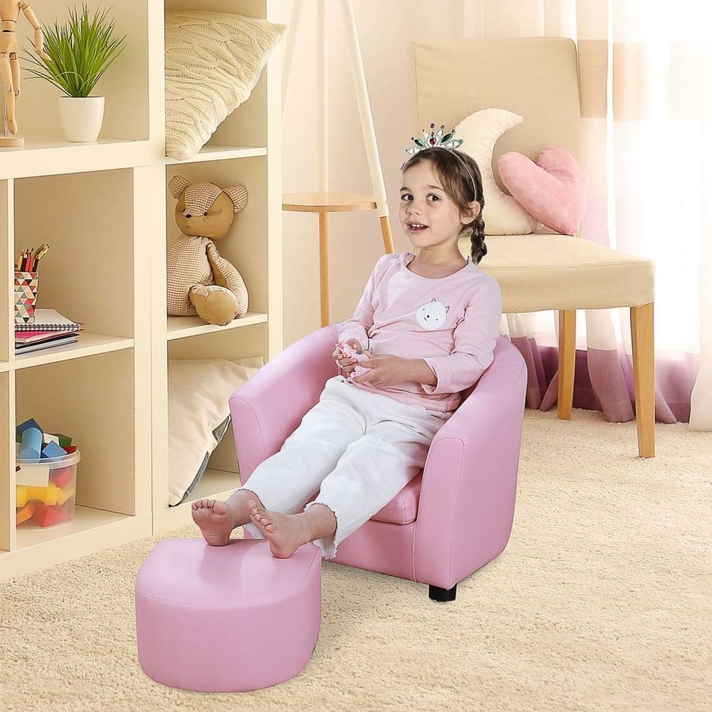 image-HOMCOM Kids Mini Sofa Children Armchair with Ottoman for Bedroom Playroom Pink