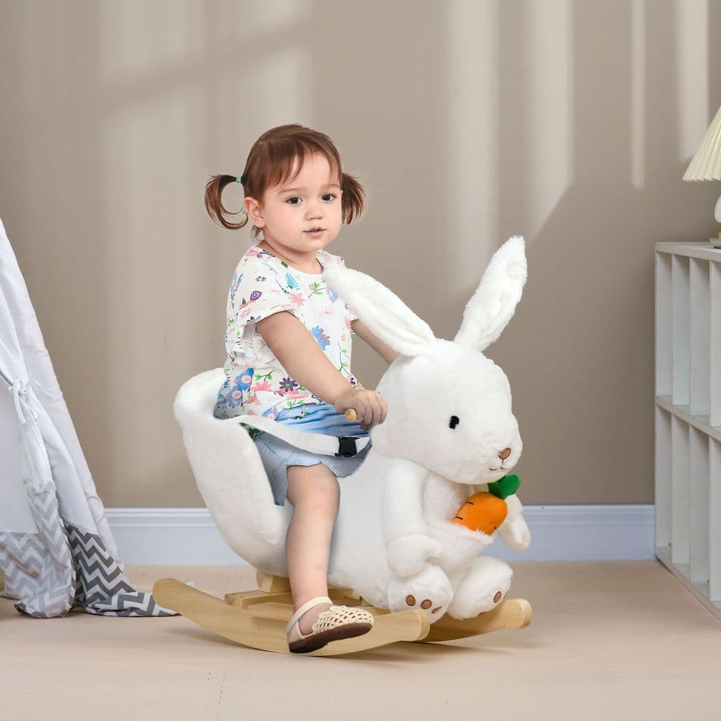 image-HOMCOM Kids Rabbit-Shaped Rocking Horse with Realistic Sounds Safety Belt White