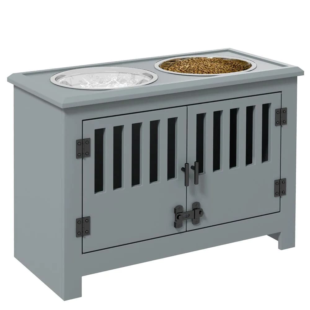 image-PawHut Raised Dog Bowls for Large Dogs Feeding Station with Stand Storage - Grey