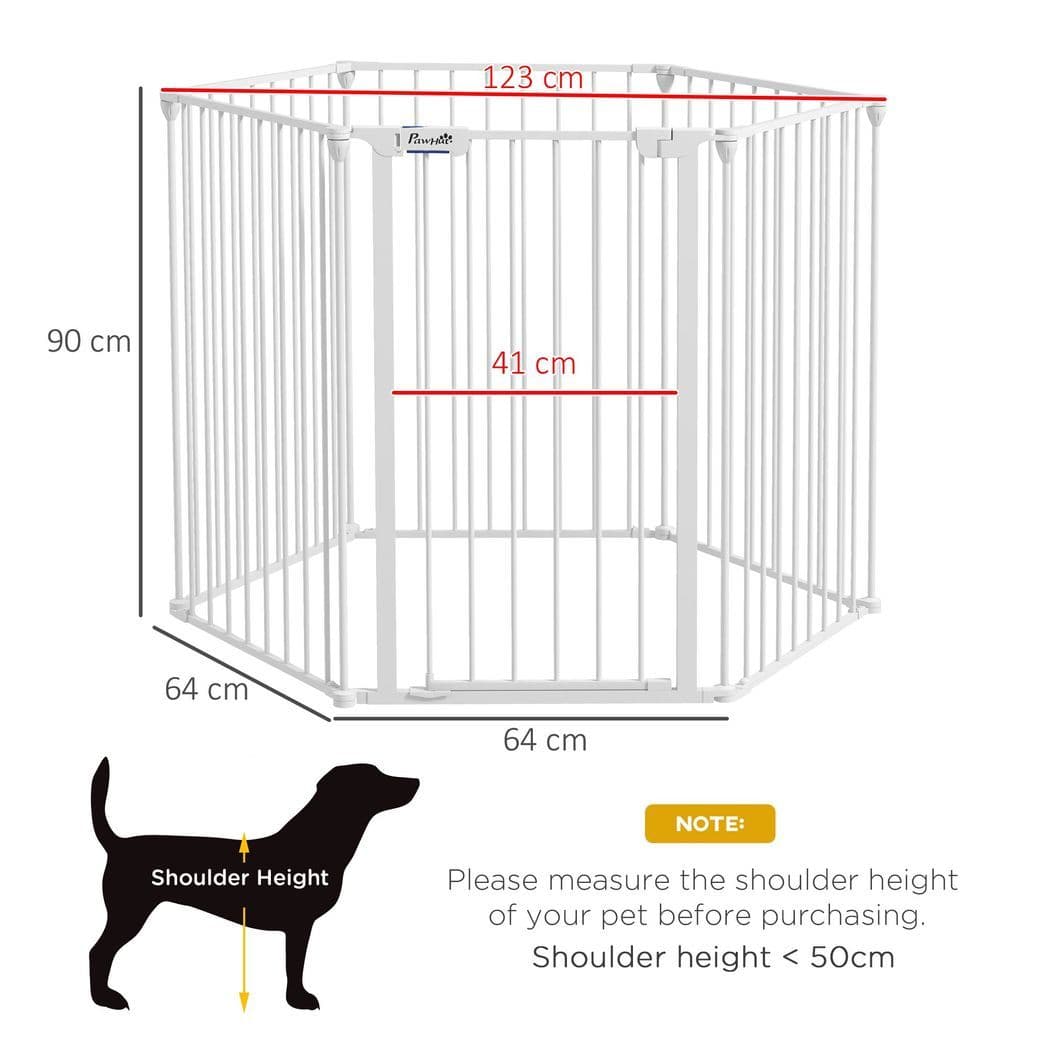 image-PawHut 2 in 1 Dog Pen, Safety Pet Gate, 6 Panels, for Medium Dogs, 90Hcm - White