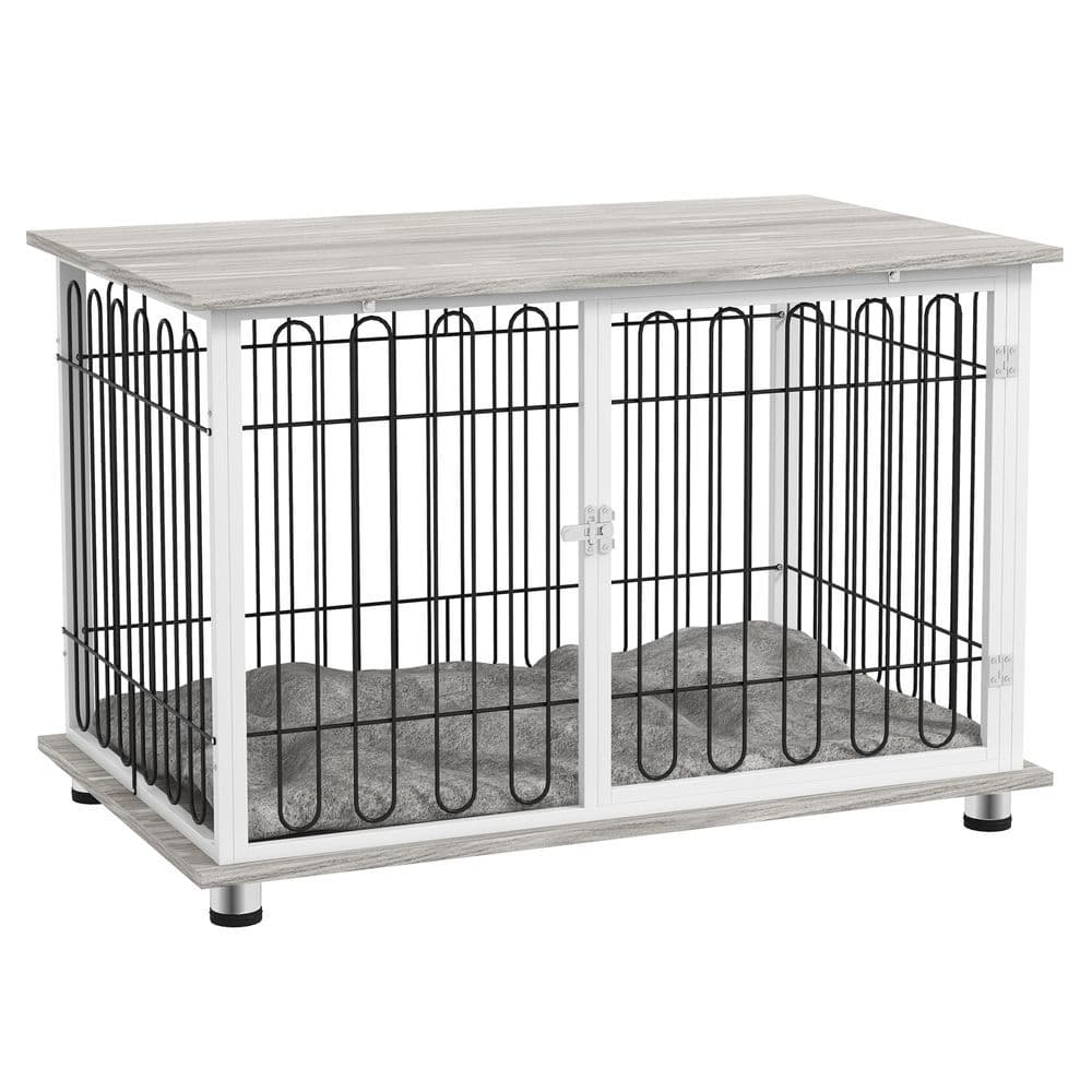 image-PawHut Dog Crate Furniture End Table with Soft Washable Cushion, Lockable Door