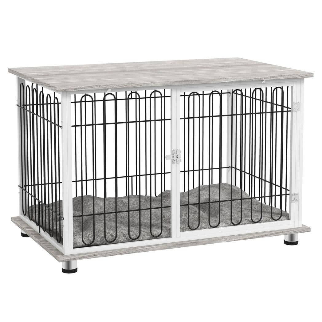 image-PawHut Dog Crate Furniture End Table with Soft Washable Cushion, Lockable Door
