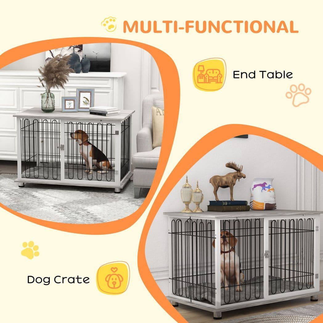 image-PawHut Dog Crate Furniture End Table with Soft Washable Cushion, Lockable Door