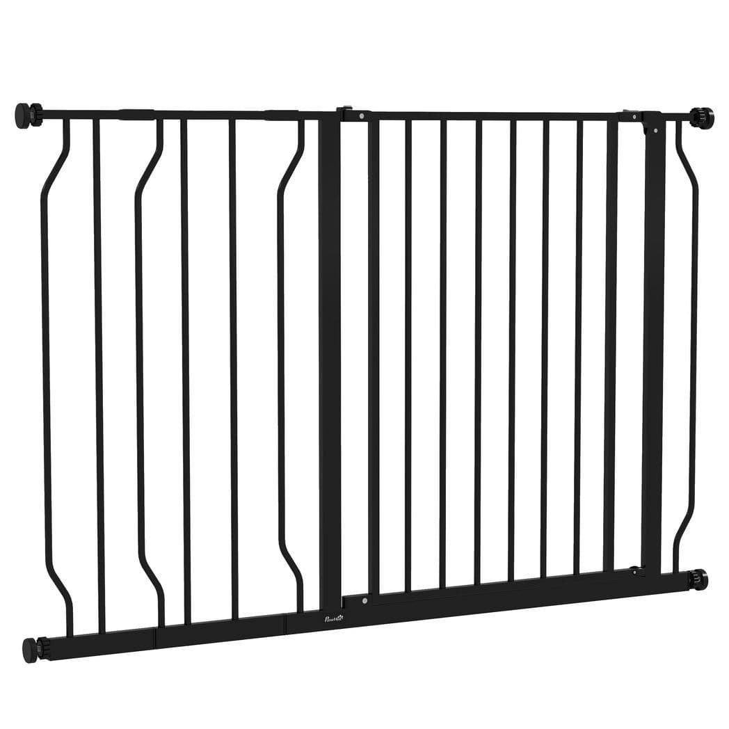 image-PawHut Dog Gate Wide Stair Gate with Door Pressure Fit, 75-115W cm, Black