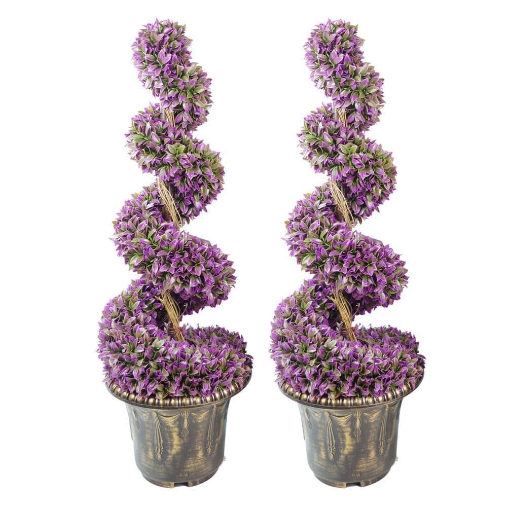 image-90cm Pair of Purple Large Leaf Spiral Topiary Trees with Decorative Planters