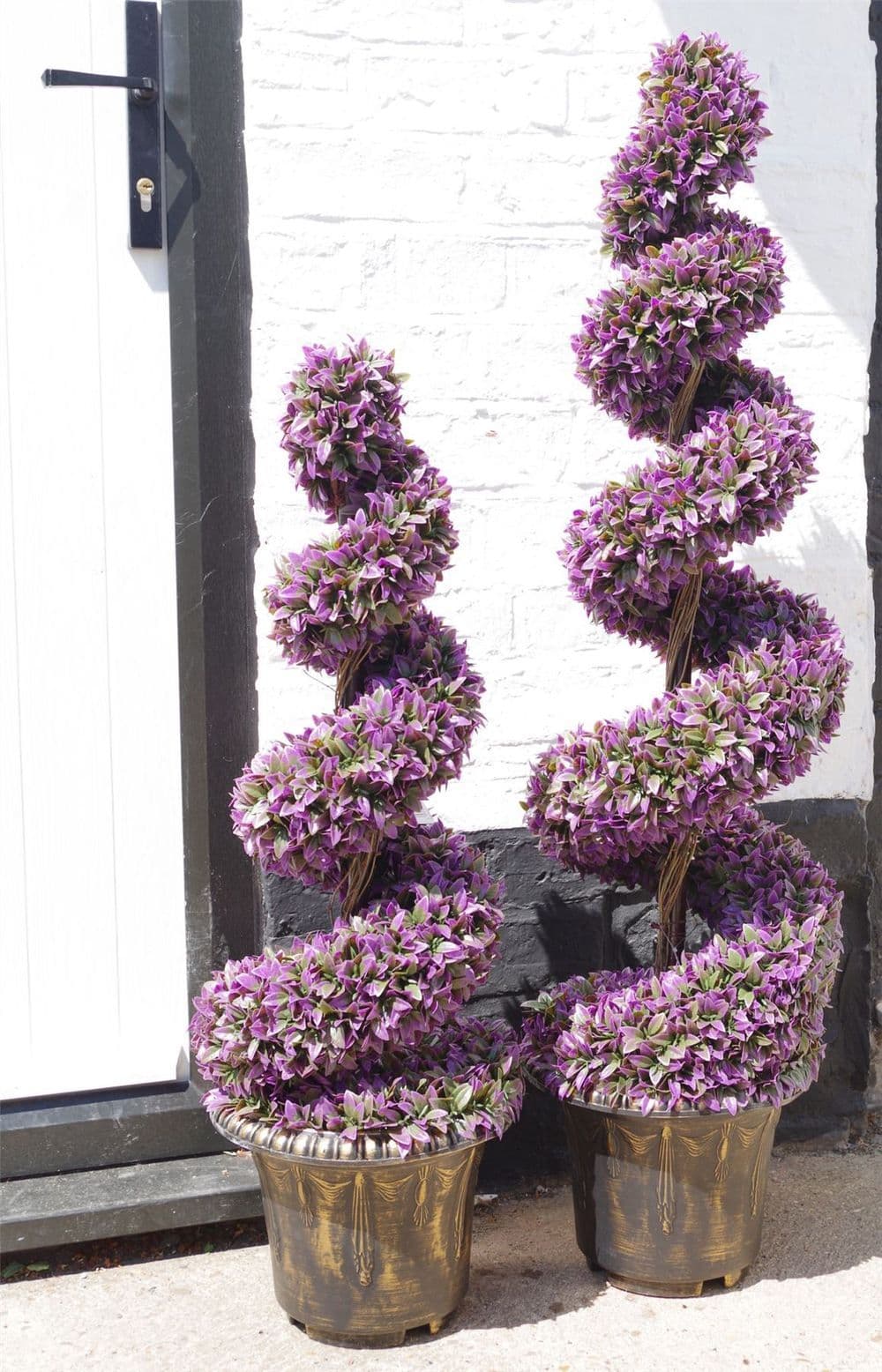 image-90cm Pair of Purple Large Leaf Spiral Topiary Trees with Decorative Planters
