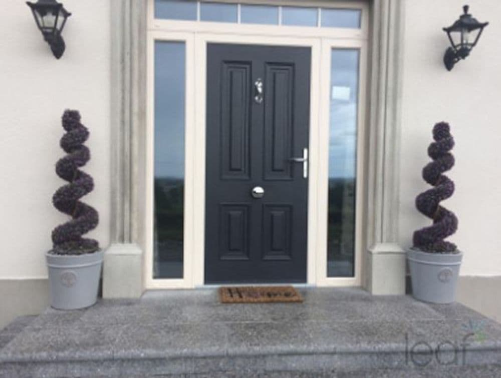 image-90cm Pair of Purple Large Leaf Spiral Topiary Trees with Decorative Planters