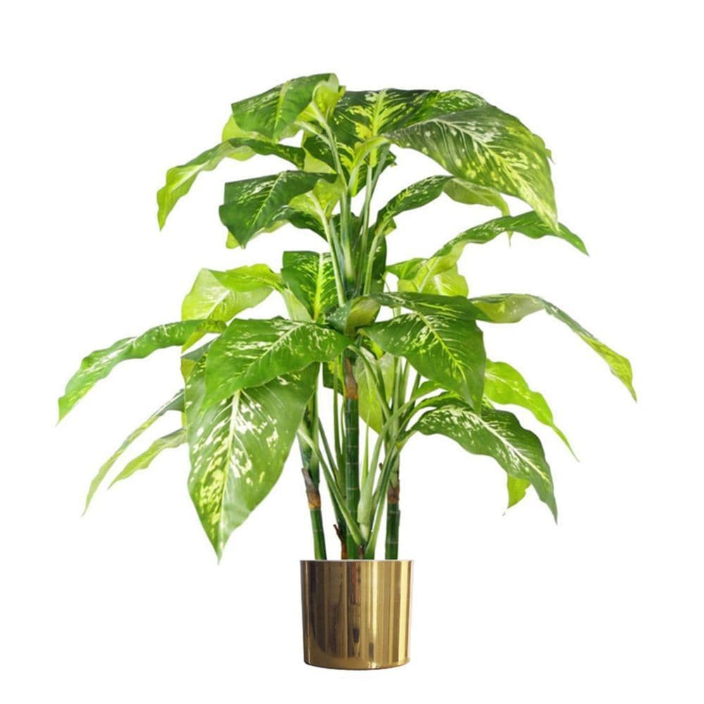 image-100cm Large Fox's Aglaonema (Spotted Evergreen) Tree Artificial Plant with Gold Metal Planter