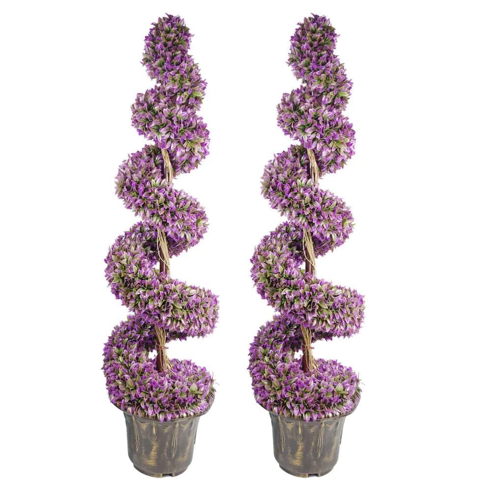 image-120cm Pair of Purple Large Leaf Spiral Topiary Trees with Decorative Planters