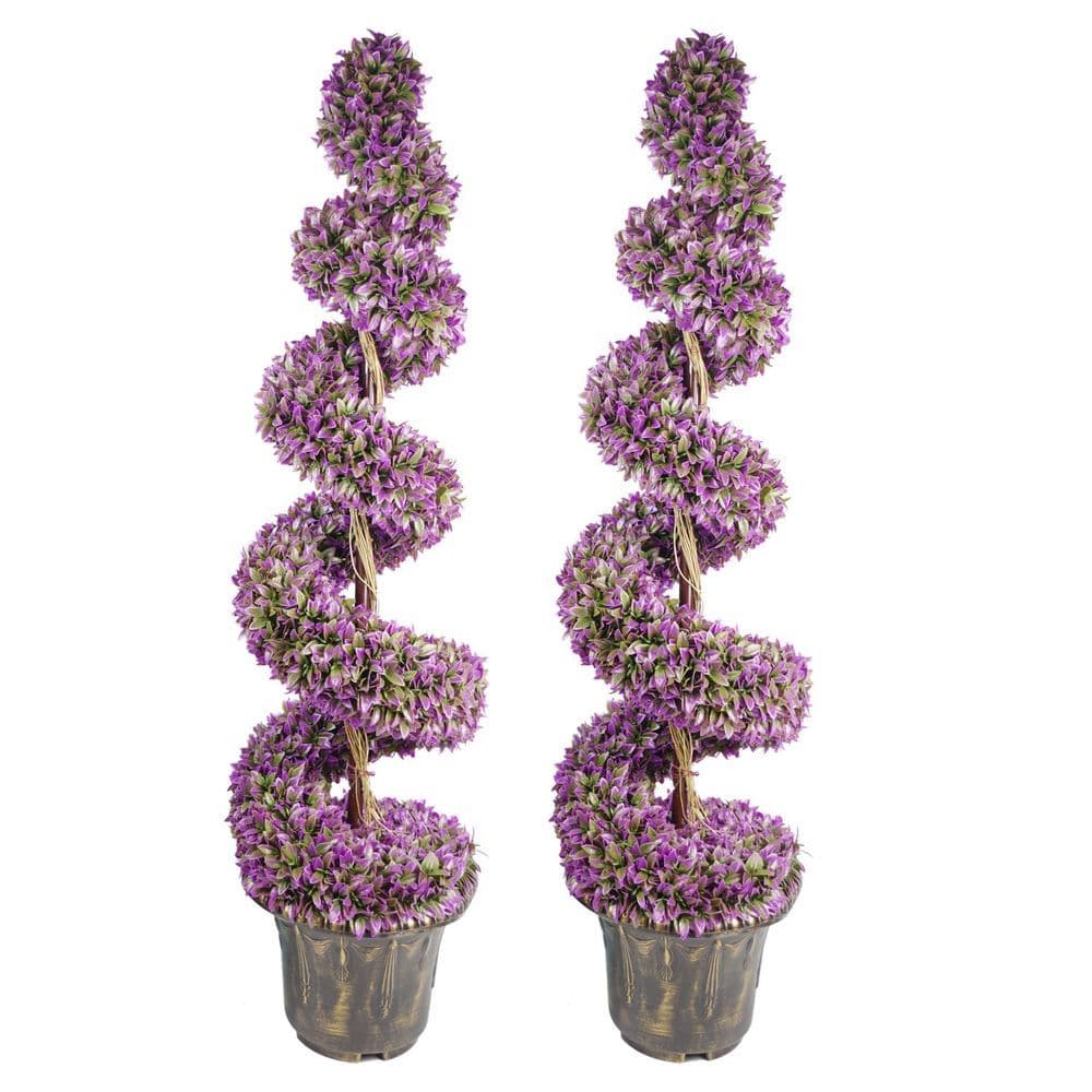 image-120cm Pair of Purple Large Leaf Spiral Topiary Trees with Decorative Planters
