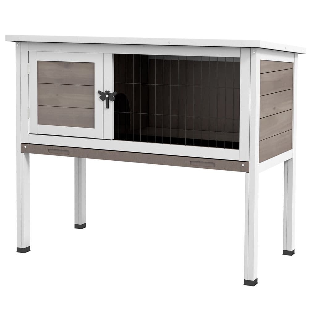 image-Pawhut Large Elevated Indoor Outdoor Wooden Rabbit Hutch w/ Asphalt Roof, Tray