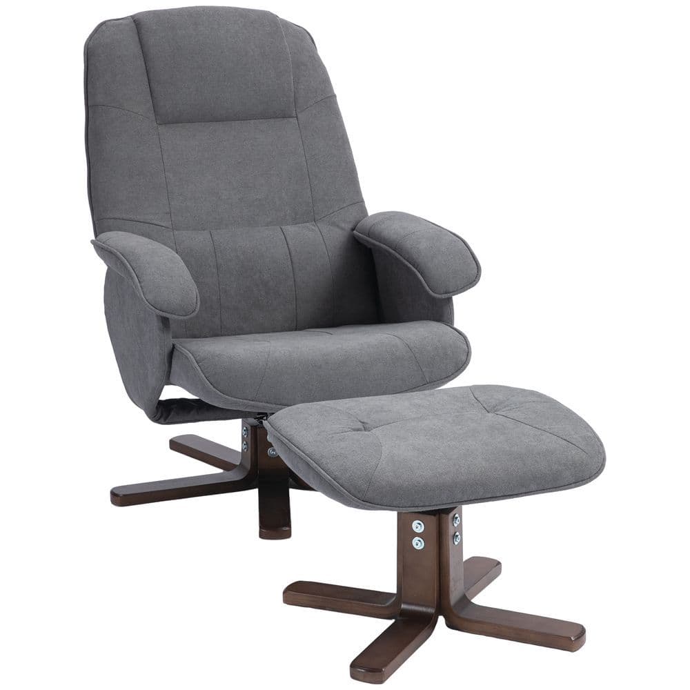 image-HOMCOM Swivel Recliner Chair and Footstool Linen-touch Fabric Wooden Base, Grey