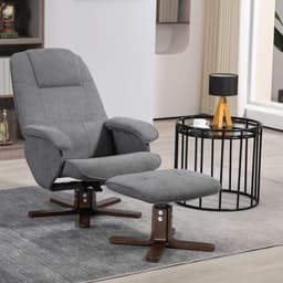 image-HOMCOM Swivel Recliner Chair and Footstool Linen-touch Fabric Wooden Base, Grey