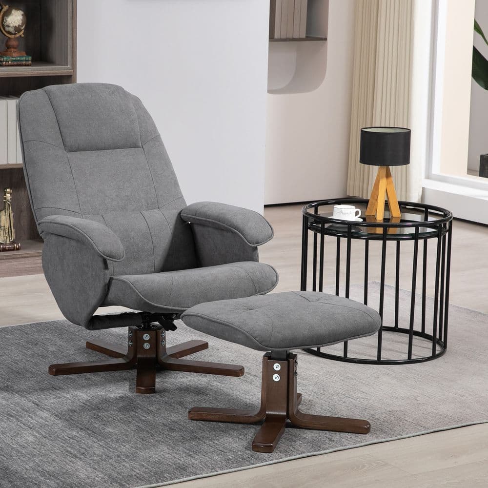 image-HOMCOM Swivel Recliner Chair and Footstool Linen-touch Fabric Wooden Base, Grey