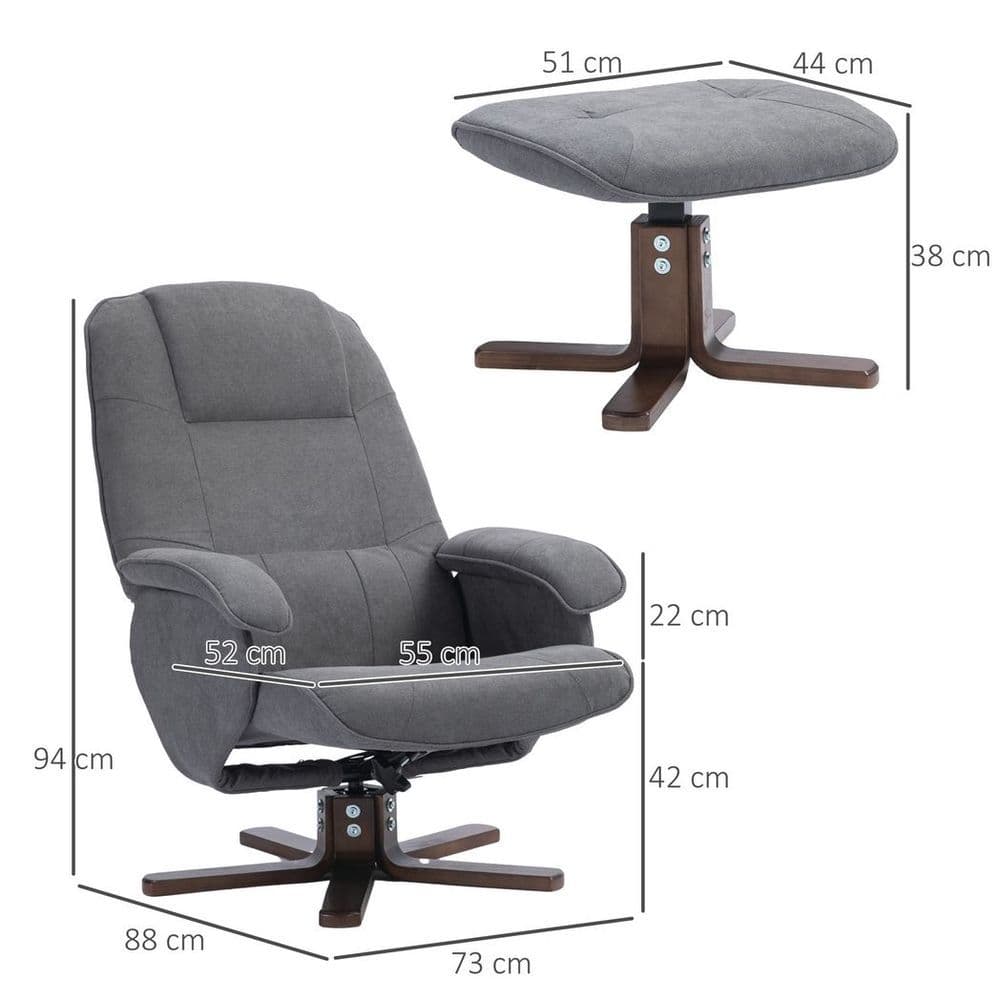 image-HOMCOM Swivel Recliner Chair and Footstool Linen-touch Fabric Wooden Base, Grey