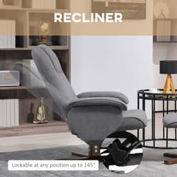 image-HOMCOM Swivel Recliner Chair and Footstool Linen-touch Fabric Wooden Base, Grey