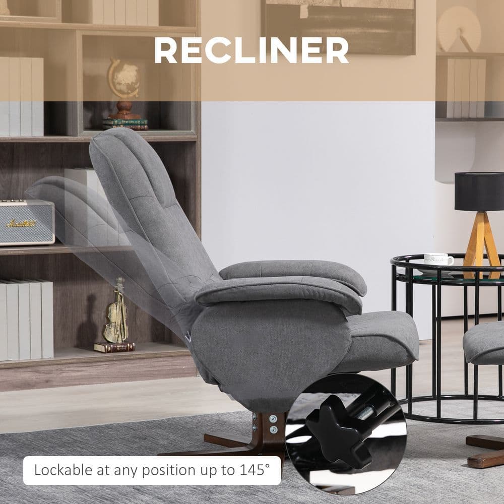 image-HOMCOM Swivel Recliner Chair and Footstool Linen-touch Fabric Wooden Base, Grey