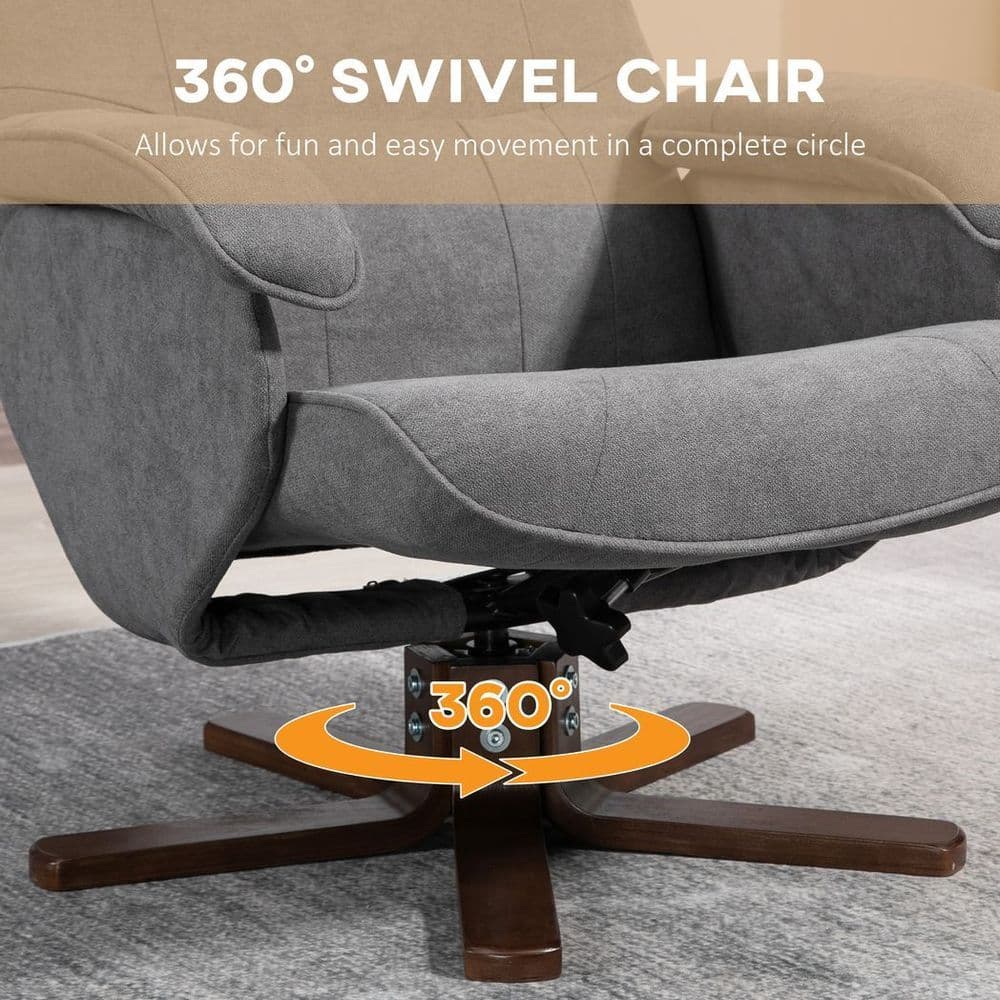 image-HOMCOM Swivel Recliner Chair and Footstool Linen-touch Fabric Wooden Base, Grey