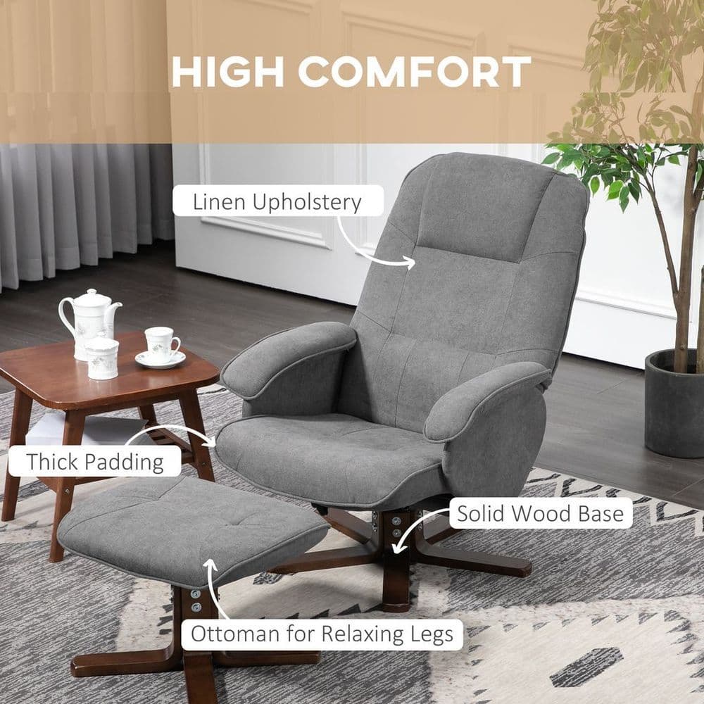 image-HOMCOM Swivel Recliner Chair and Footstool Linen-touch Fabric Wooden Base, Grey
