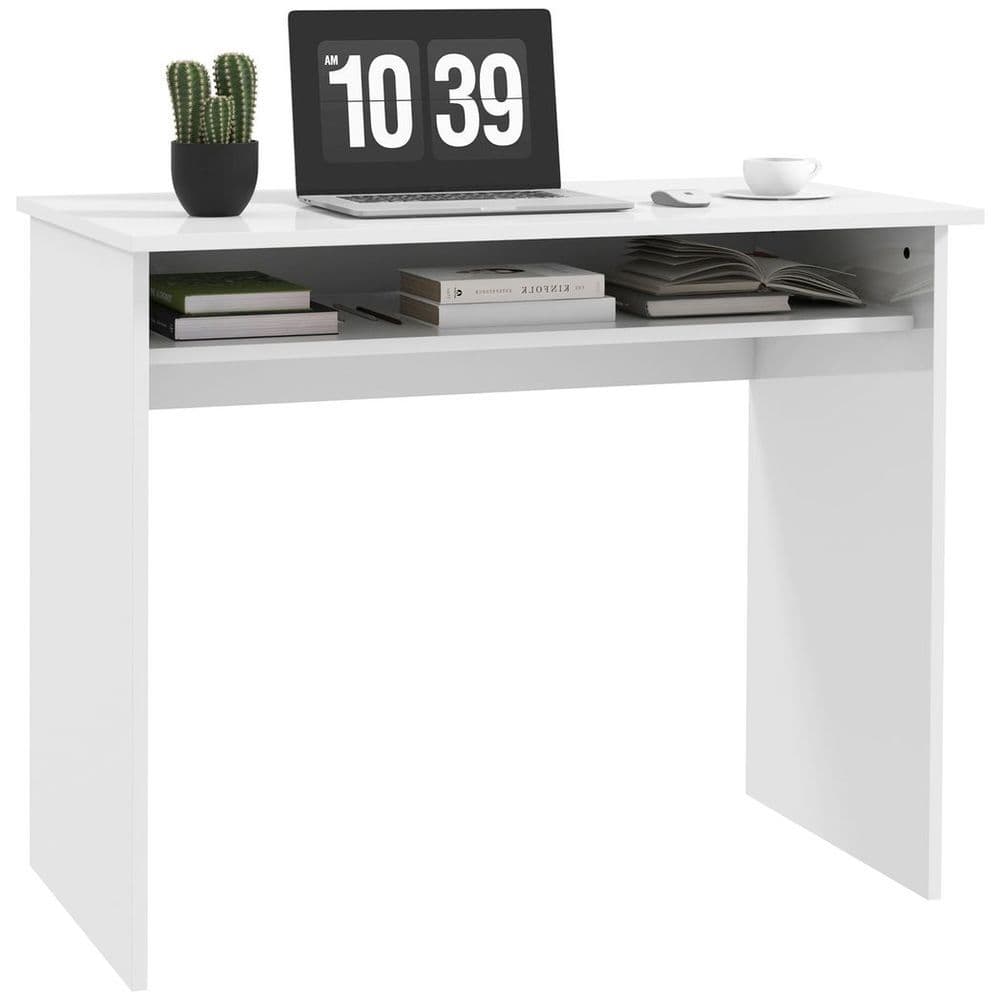 image-HOMCOM Computer Desk Writing Table Study Workstation Storage High Gloss White