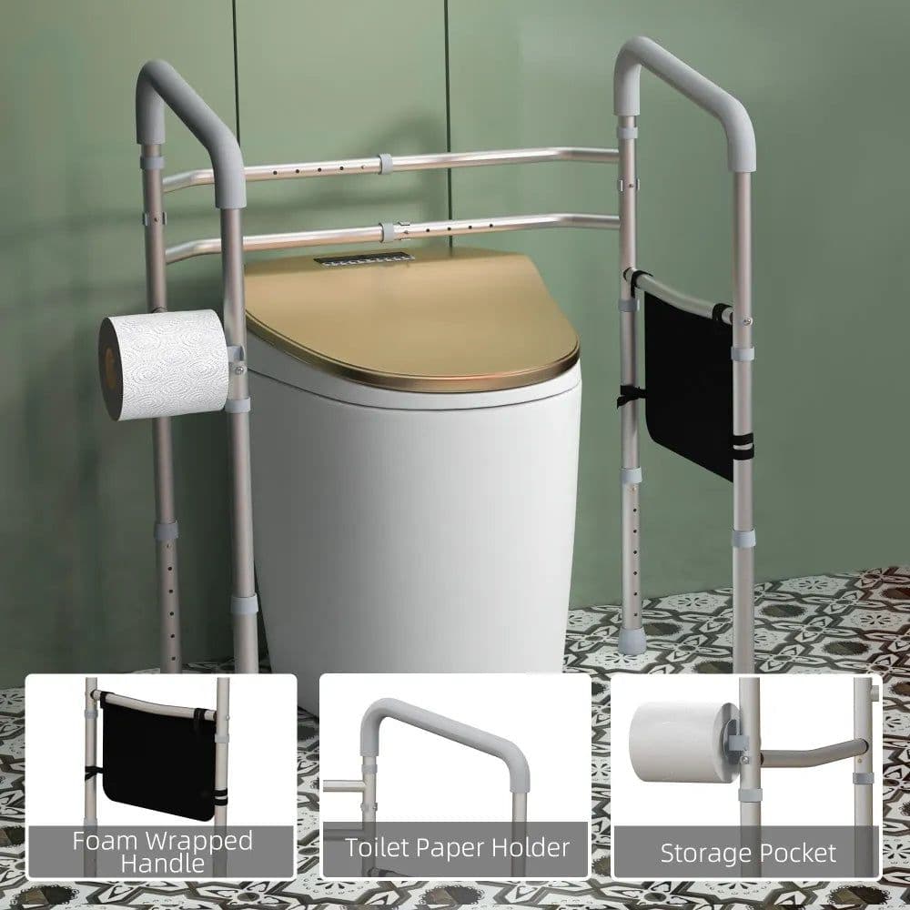 image-HOMCOM Adjustable Toilet Safety Frame with Additional Rubber Tips Storage
