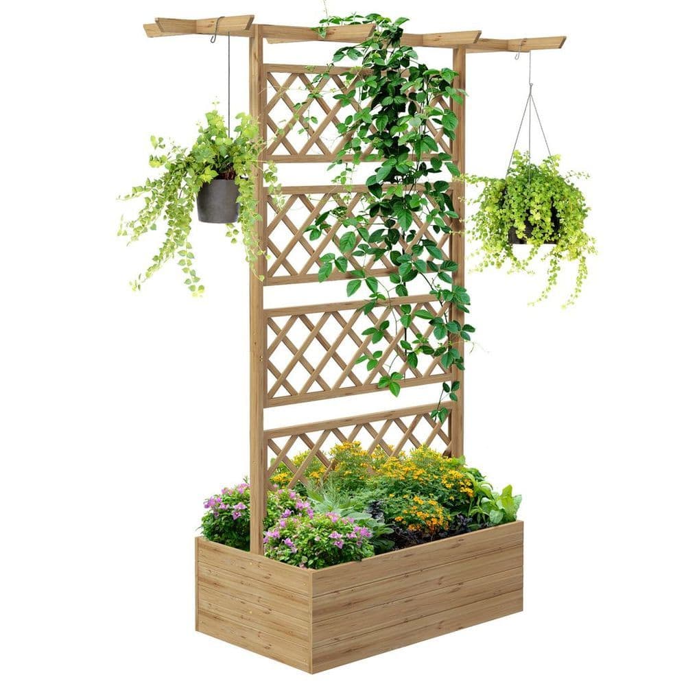 image-Outsunny Wooden Trellis Planter, Raised Garden Bed for Climbing Plants, Natural