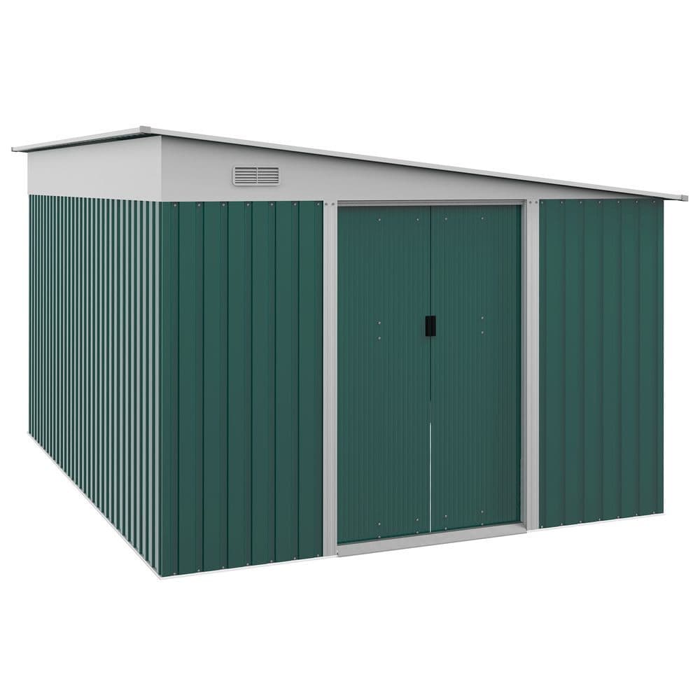 image-Outsunny 11.3x9.2ft Steel Garden Storage Shed w/ Sliding Doors & 2 Vents, Green
