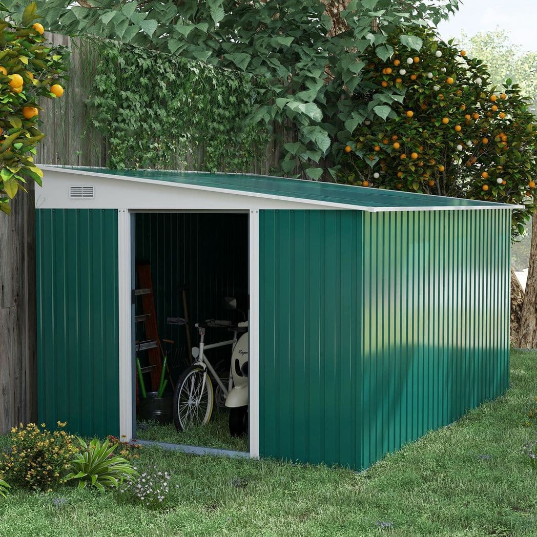 image-Outsunny 11.3x9.2ft Steel Garden Storage Shed w/ Sliding Doors & 2 Vents, Green