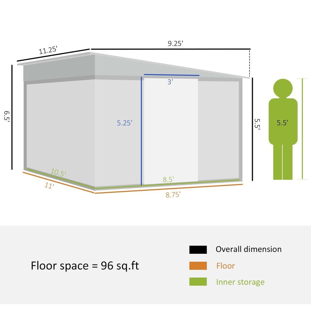 image-Outsunny 11.3x9.2ft Steel Garden Storage Shed w/ Sliding Doors & 2 Vents, Green