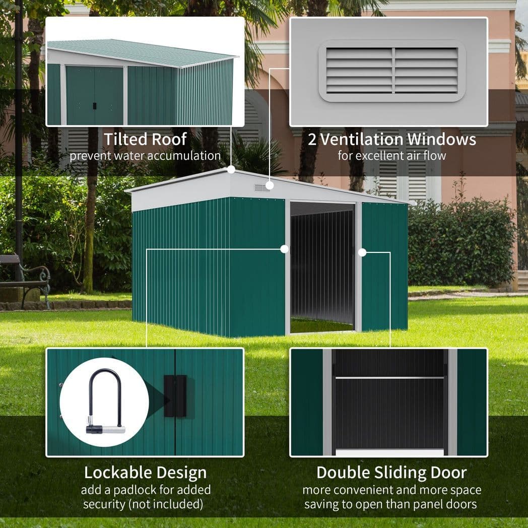 image-Outsunny 11.3x9.2ft Steel Garden Storage Shed w/ Sliding Doors & 2 Vents, Green