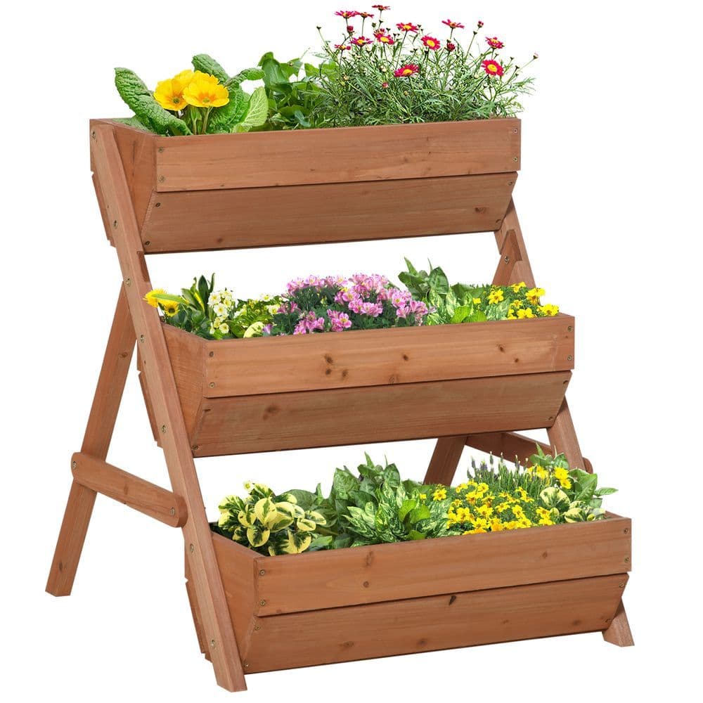image-Outsunny 3 Tier Raised Garden Bed Wooden Elevated Planter Box Kit, Brown