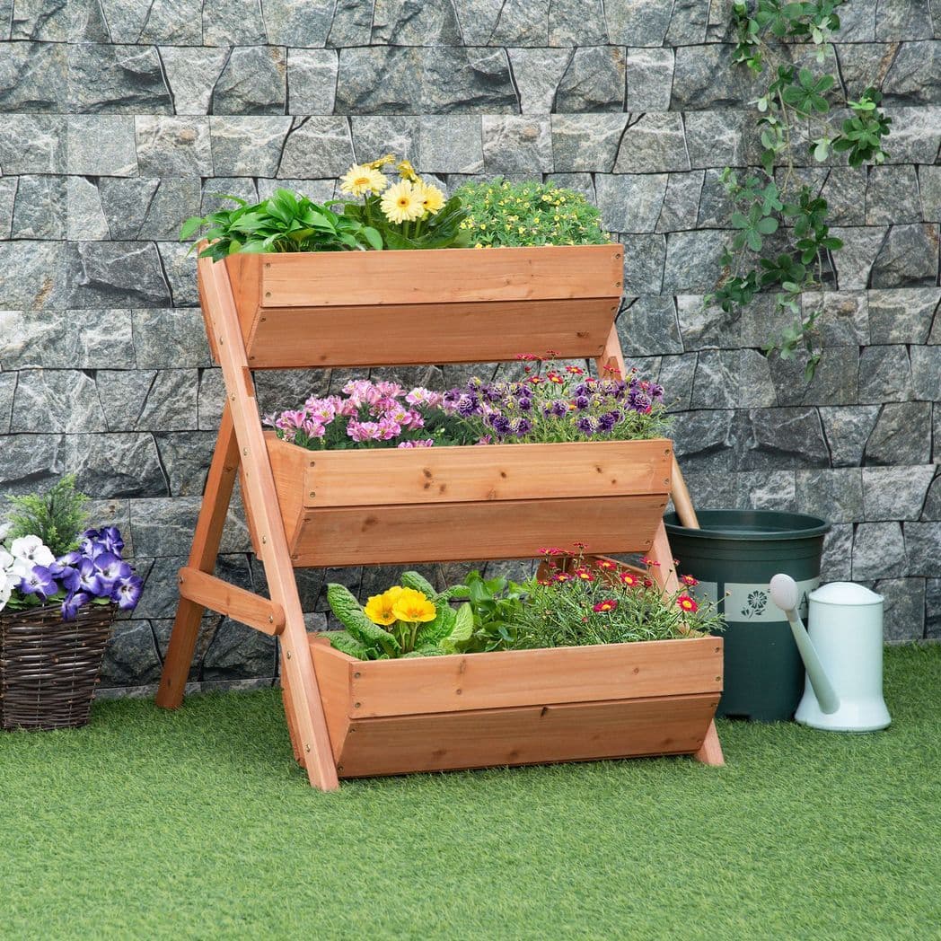 image-Outsunny 3 Tier Raised Garden Bed Wooden Elevated Planter Box Kit, Brown