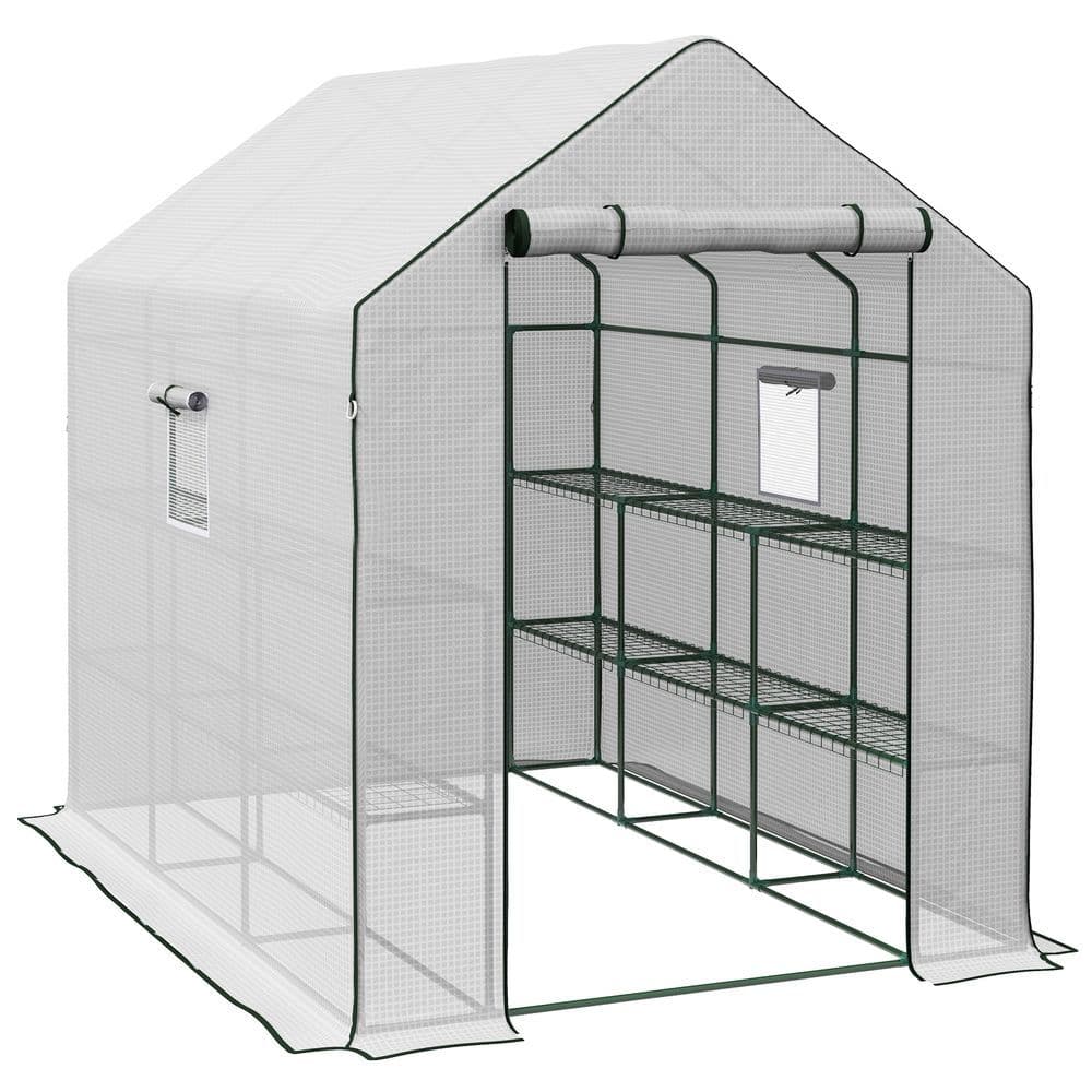image-Outsunny Walk-in Outdoor Green House with Door and Mesh Windows, White
