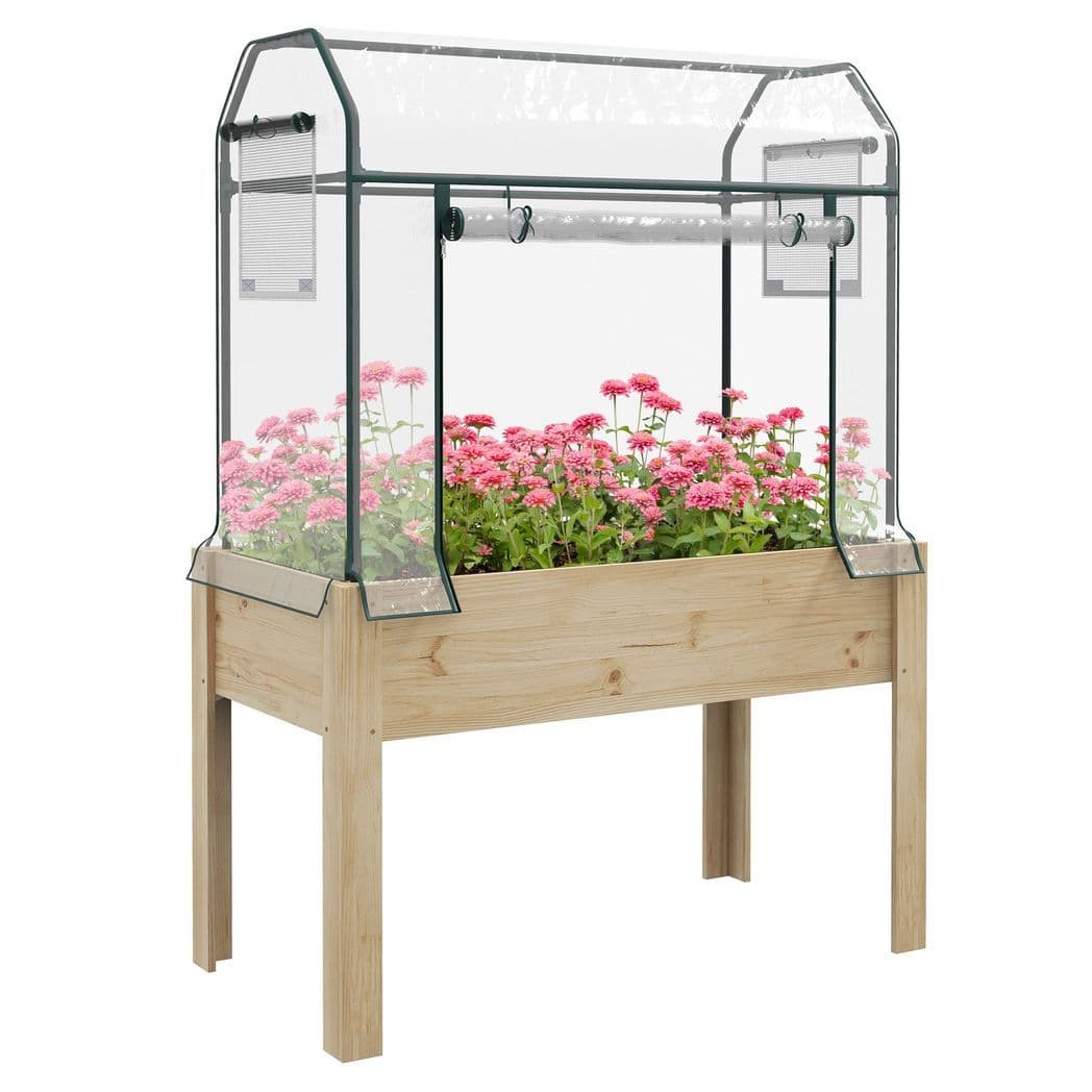 image-Outsunny Wooden Raised Planter, Garden Bed with Greenhouse Cover and Bed Liner