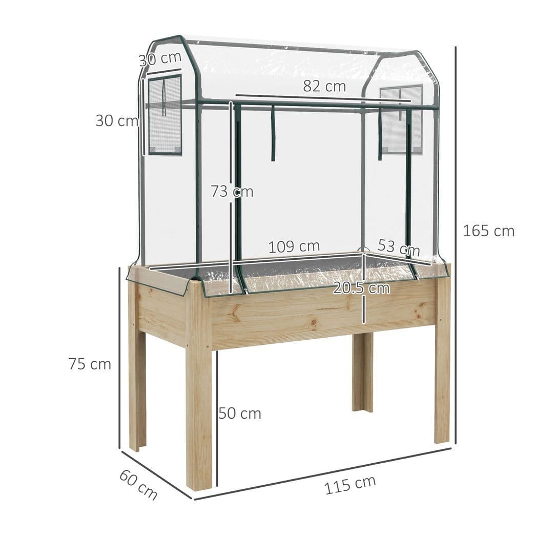 image-Outsunny Wooden Raised Planter, Garden Bed with Greenhouse Cover and Bed Liner